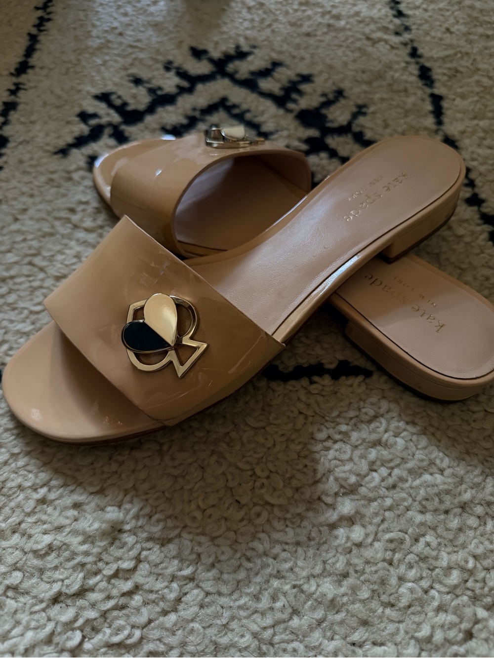 kate spade Nude Patent Slide Sandals with Gold Heart Accent